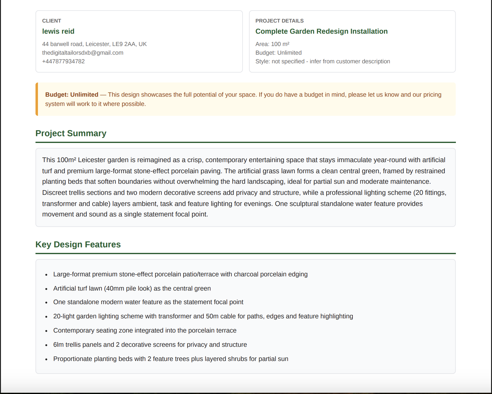 Example professional quote breakdown PDF showing itemised pricing and project summary