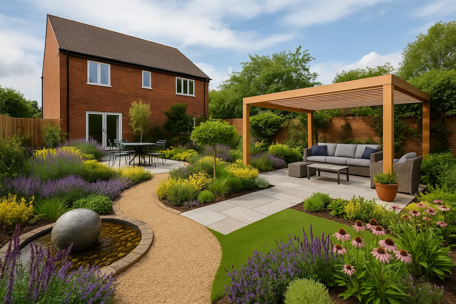 Farnborough garden with pergola and feature planting