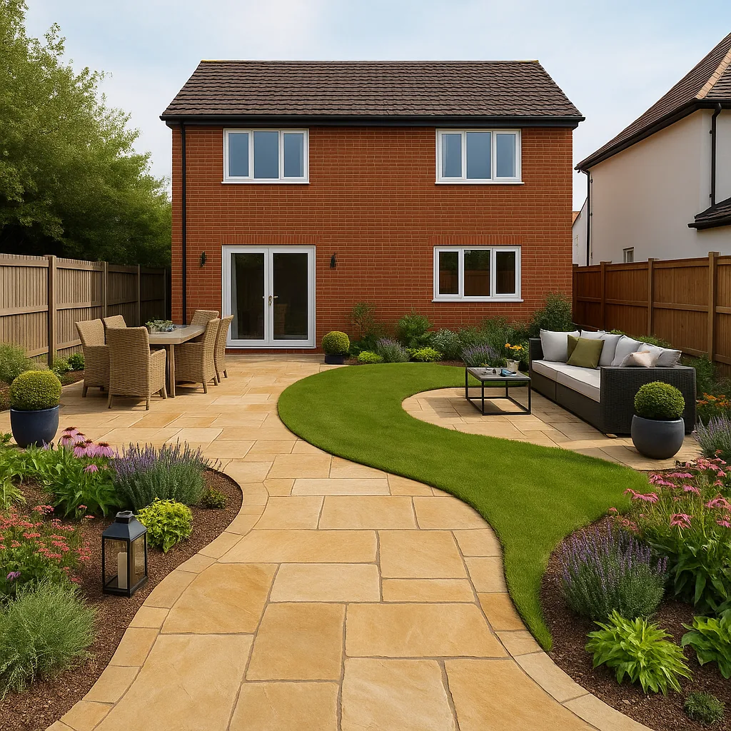 Natural stone patio installation in Farnborough garden
